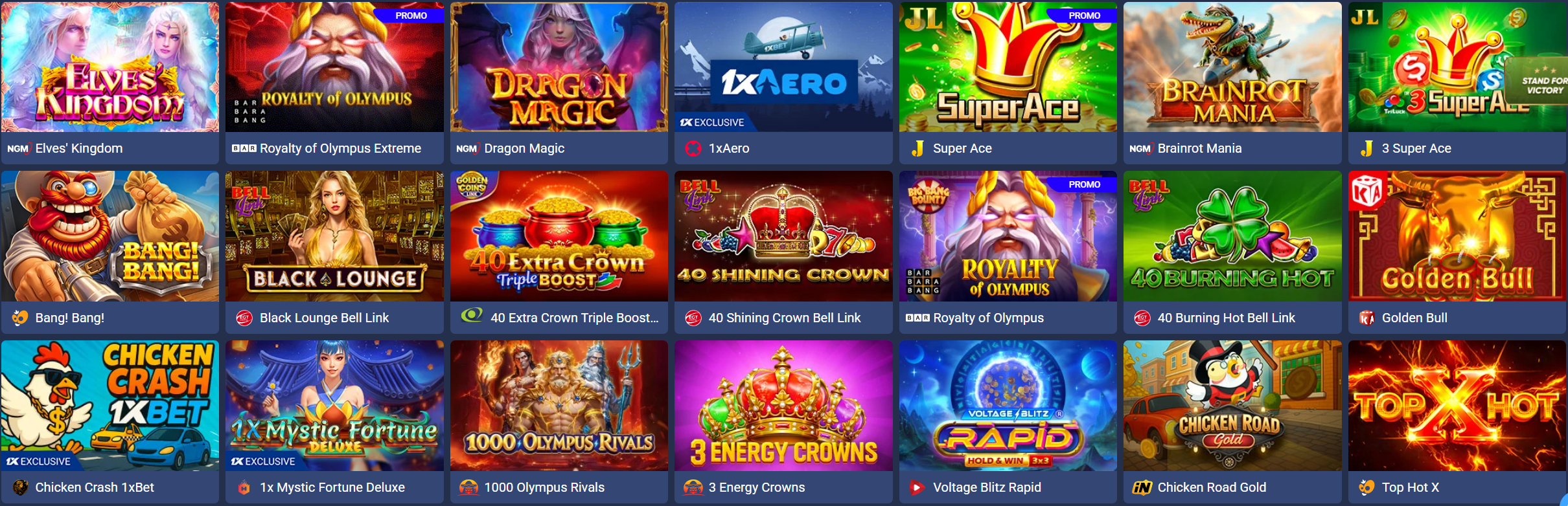 1xBet slot game lobby